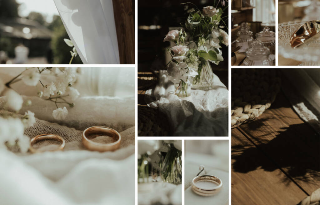Detailaufnahmen der Dekoration, Trauringe, Blumen - Hochzeitsfotograf Moers