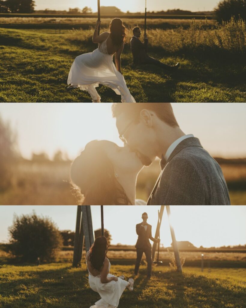 Brautpaar bei Sonnenuntergang auf Seilrutsche – Hochzeitsfotograf Kevelaer
